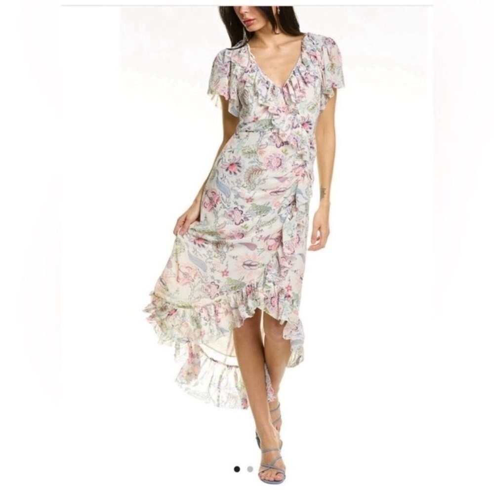 Cinq a Sept Sheila Floral Ruffle Trim Midi Dress White Bows Size 8 EUC